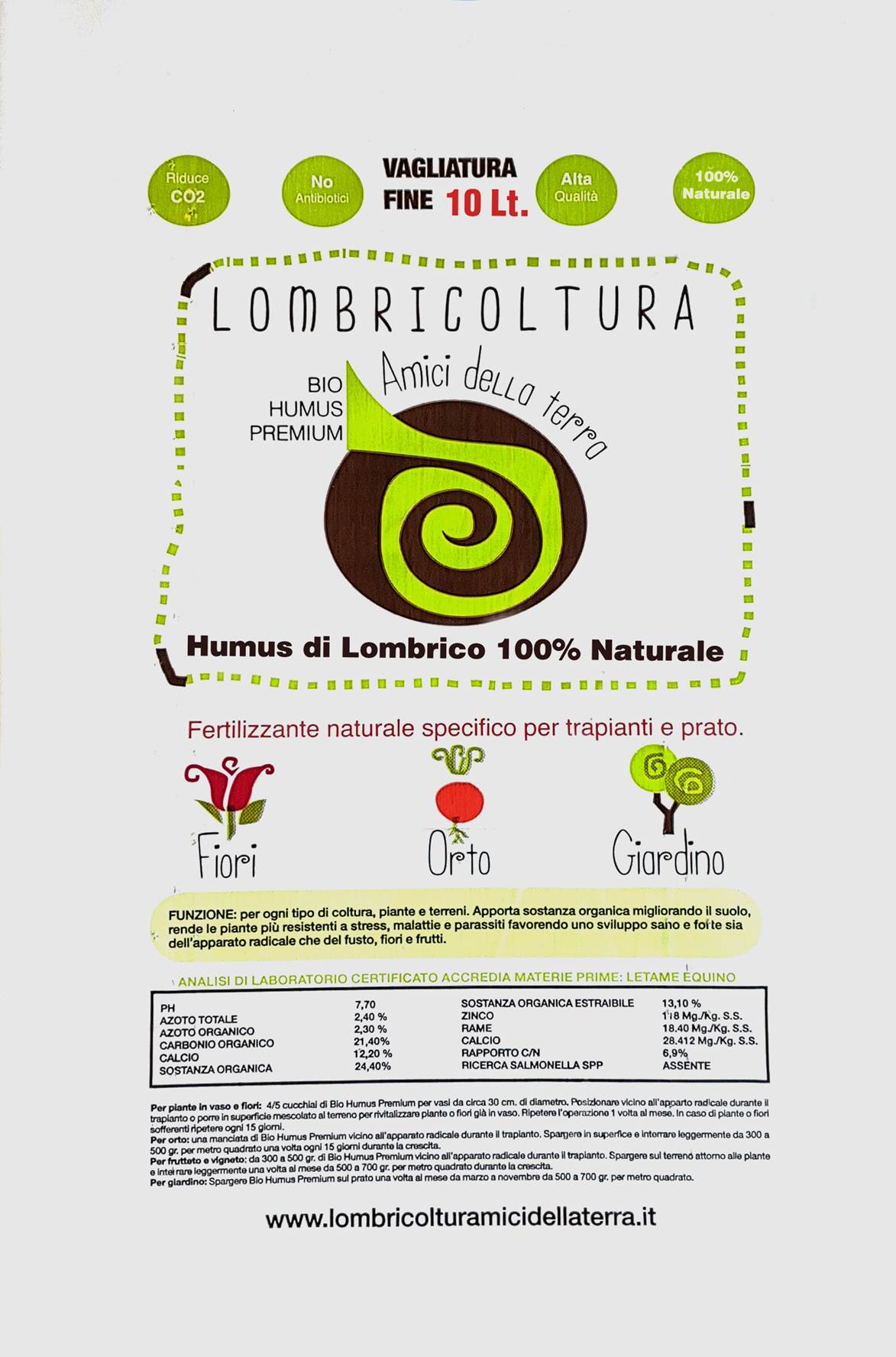 HUMUS DI LOMBRICO PER ORTO, FIORI E GIARDINO NATURAL SACCO 2 L